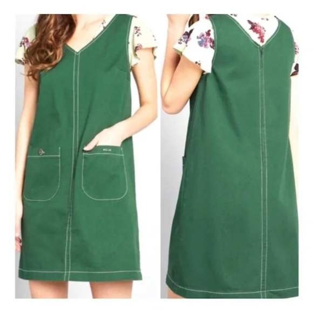 ModCloth Jumper Dress Women Size M Green Sleeveless‎ V-Neck Shift Mini Pockets